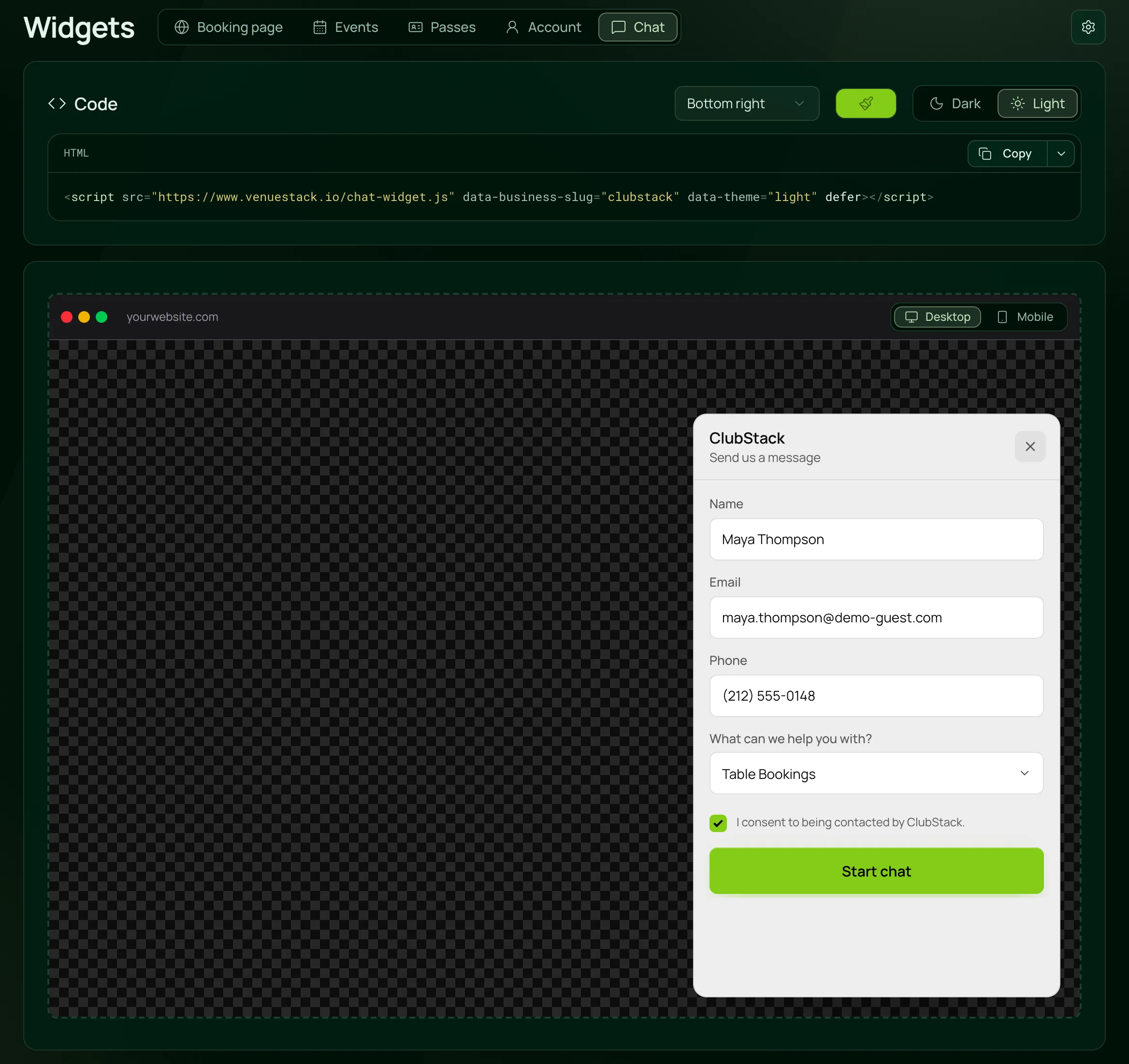The chat widget as guests see it on a venue’s website, in the dashboard’s preview: a guest has filled in their name, email and phone and chosen Table Bookings before starting a chat.