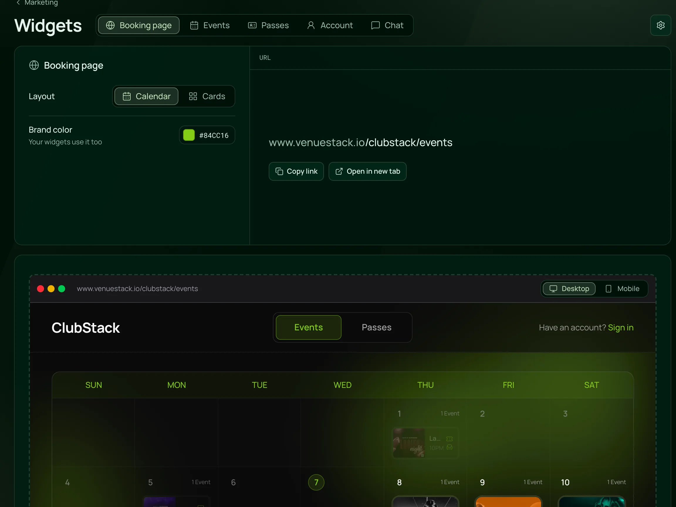 The booking page settings on the Widgets page: calendar or cards layout, the brand colour and the page’s link, above a live preview of the venue’s booking page.