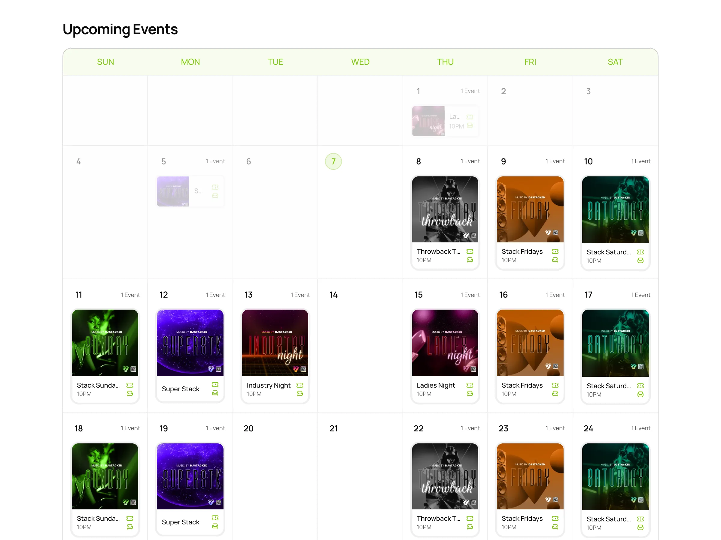 The events calendar widget embedded on a light website: the month, with each night’s poster, name and time.