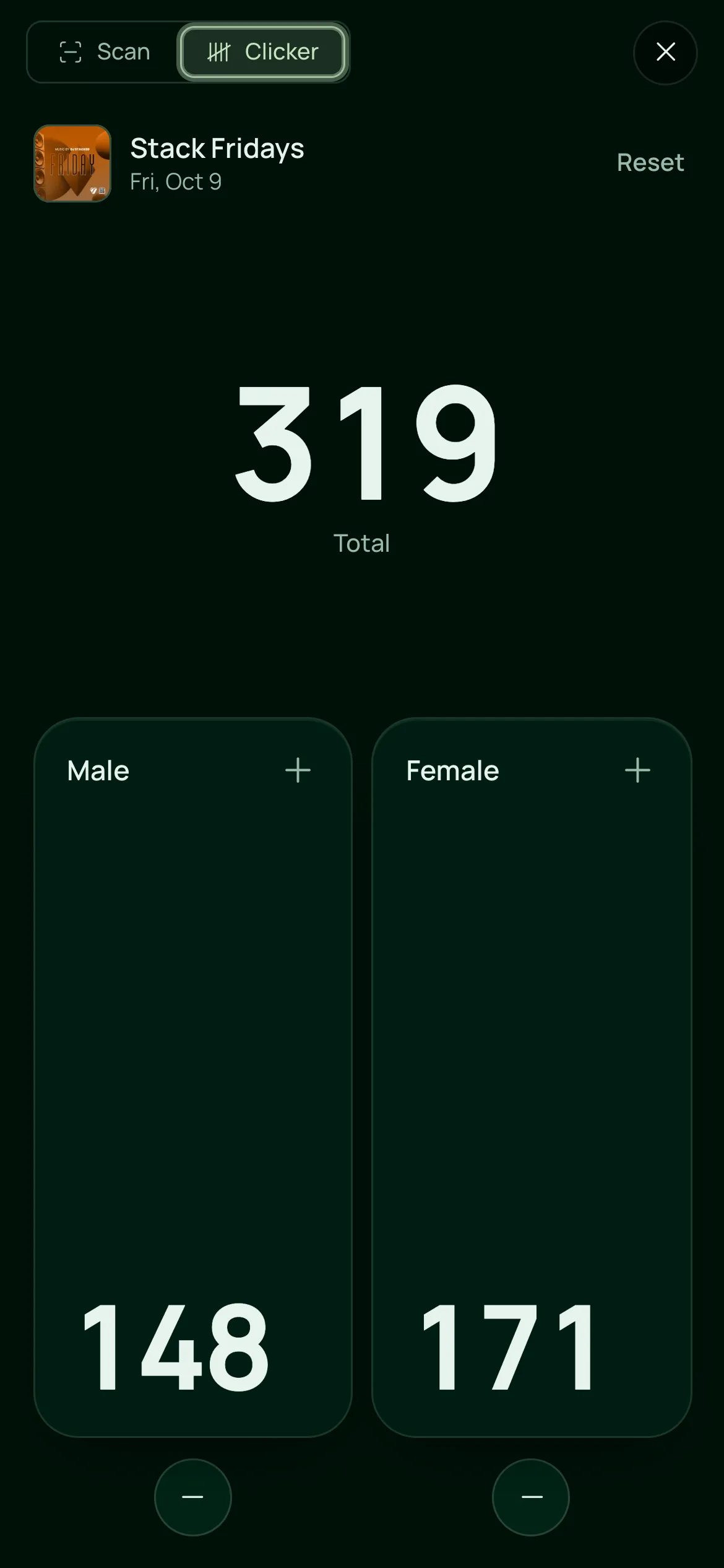 The door Clicker on a phone during Stack Fridays: the night’s total through the door, with separate Male and Female counters to tap.