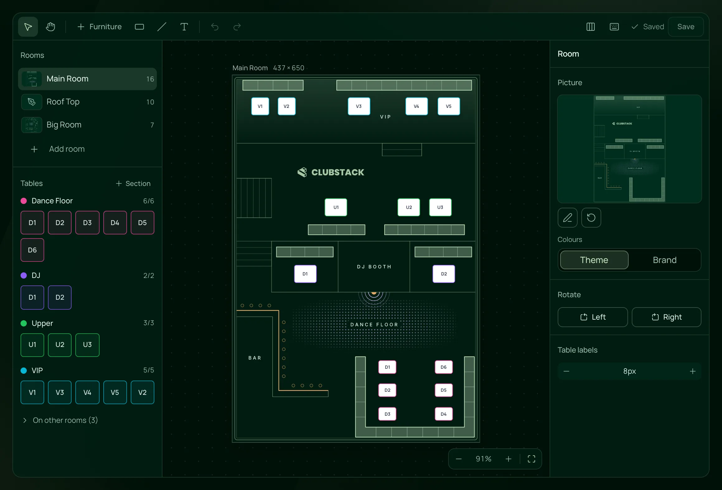 The VenueStack layout editor with the Main Room open: tables placed by section around the bar, the DJ booth and the dance floor.