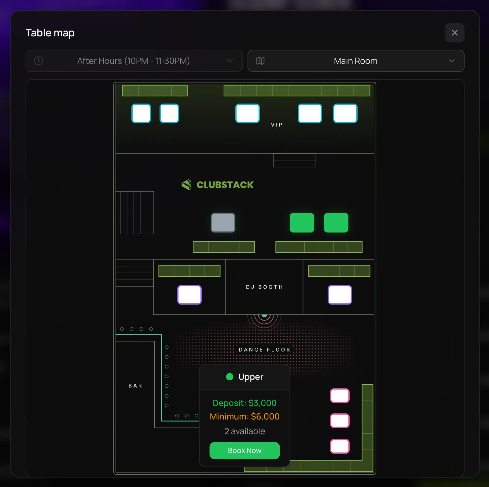 The table map a guest sees when booking a table for Super Stack: the room drawn with every table by section, and the Upper section picked out, its free tables in its colour, its booked one grey, and its card with the deposit, minimum spend, tables available and Book Now.