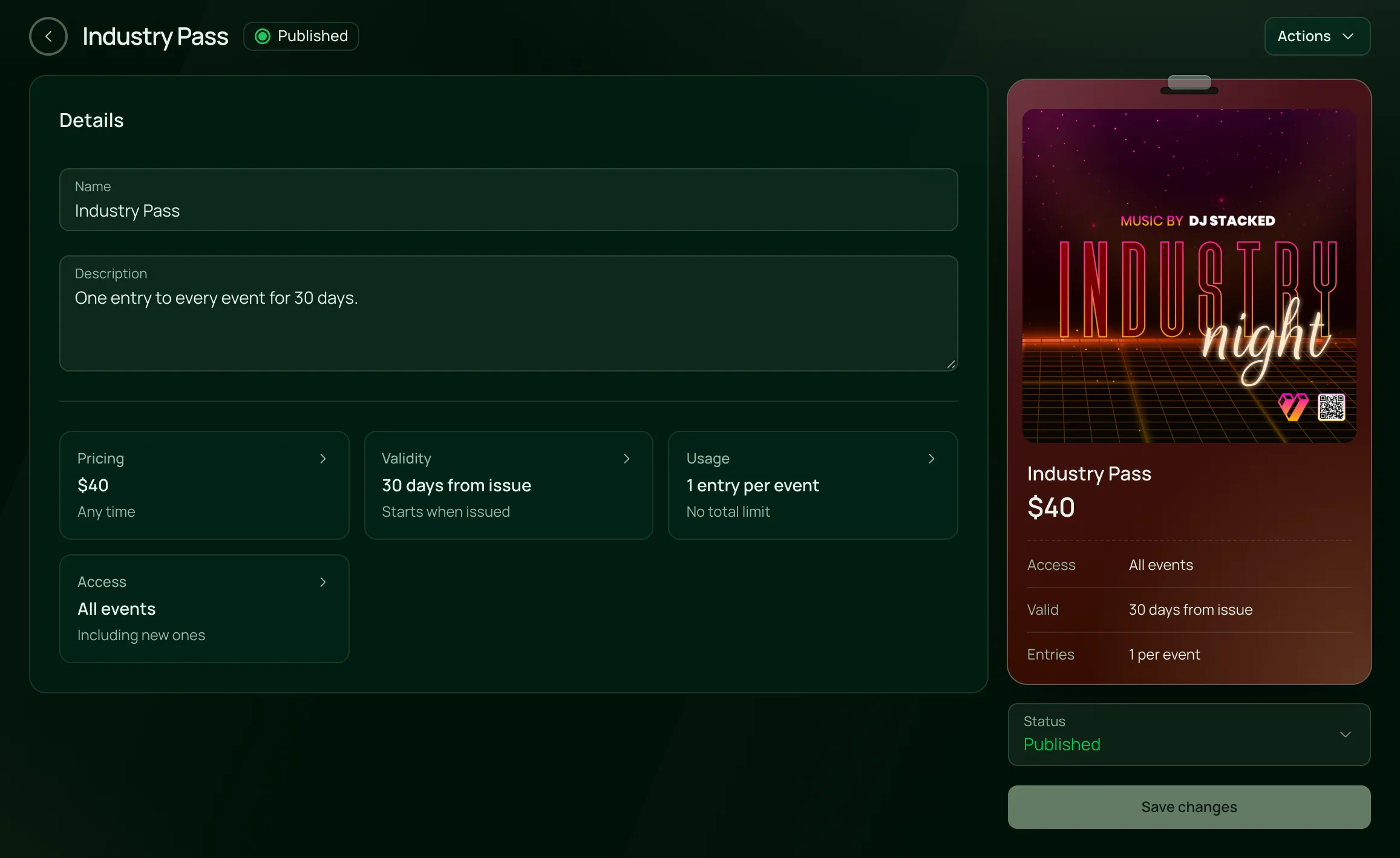 The pass builder in the VenueStack dashboard: the pass name, price, validity and entry rules, beside a live preview of the pass.