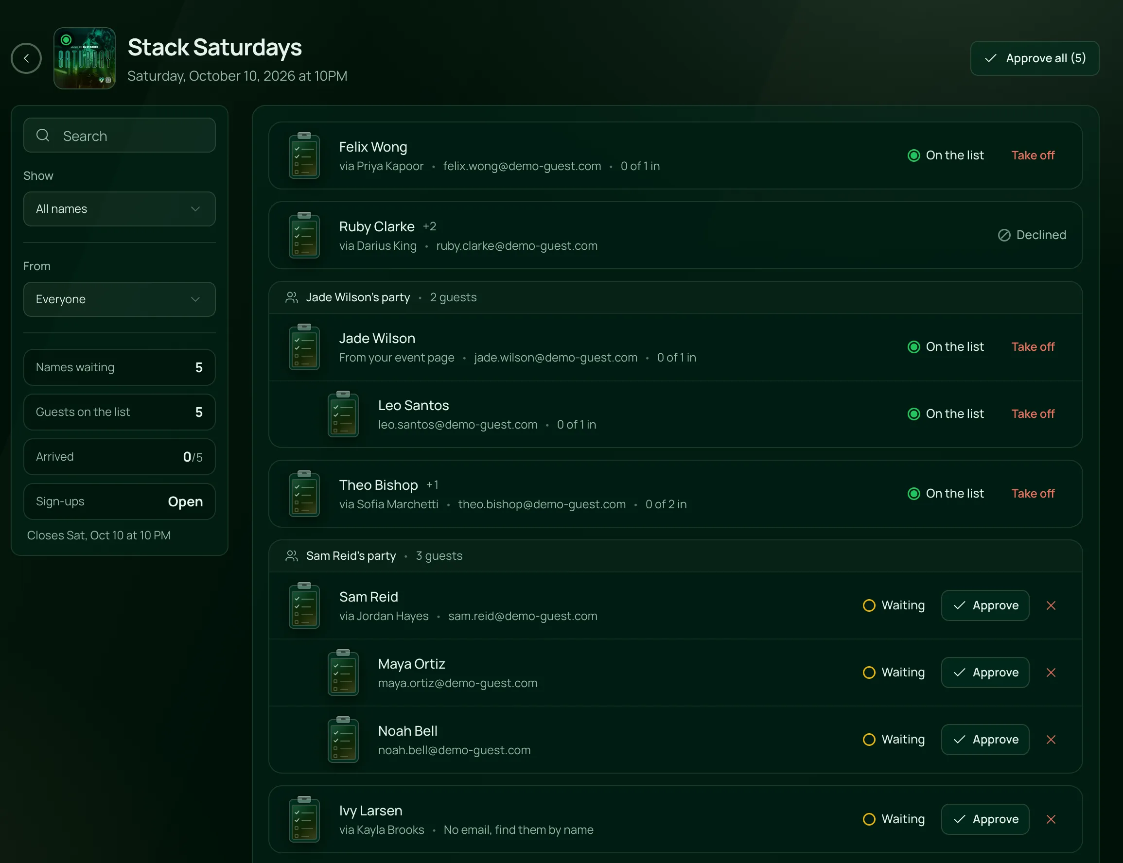 The Guest List page for Stack Saturdays: every name on the night with the promoter who brought them, parties grouped together, names waiting with Approve beside them, and the night’s counts and filters.