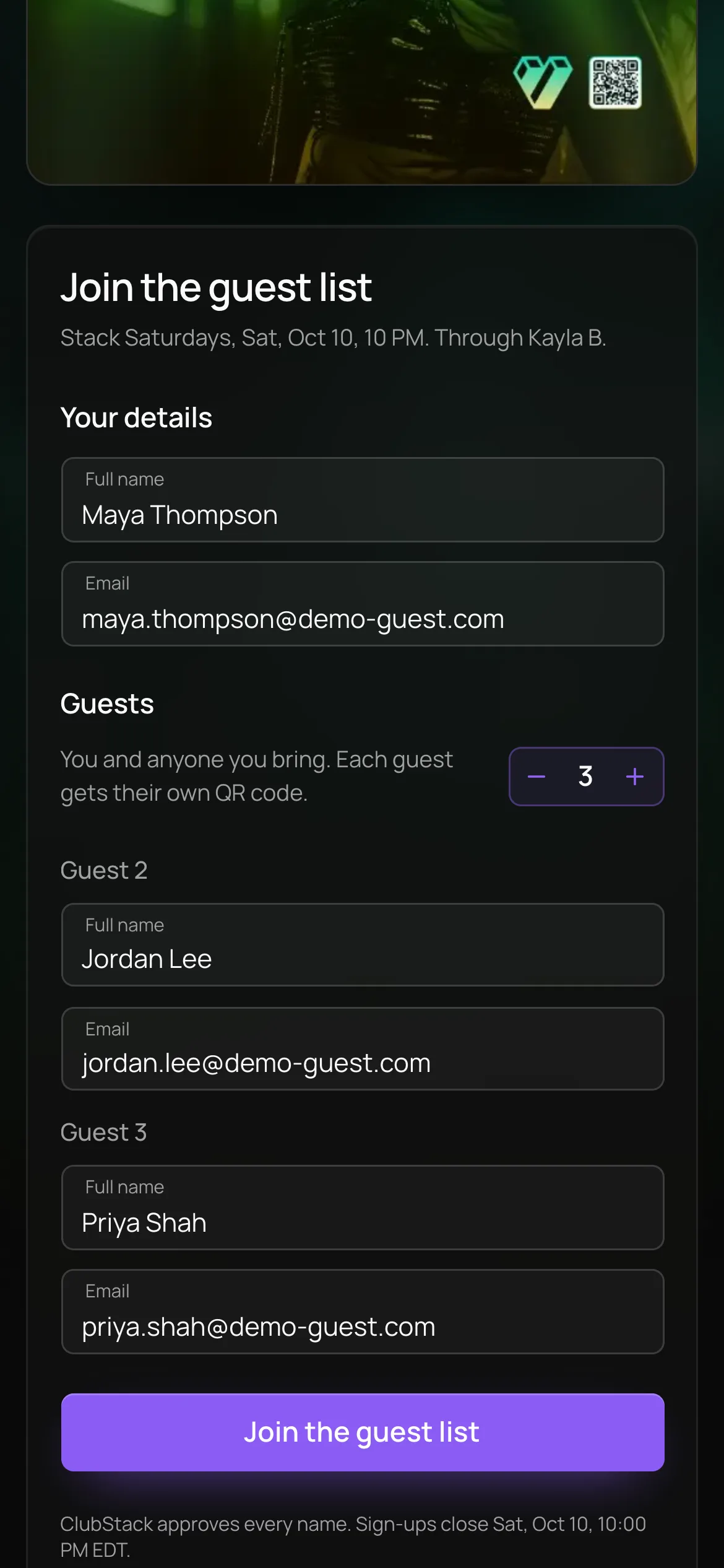 The guest list sign-up for Stack Saturdays on a phone, through a promoter’s link: the guest’s name and email, and a name and email for each friend they bring.