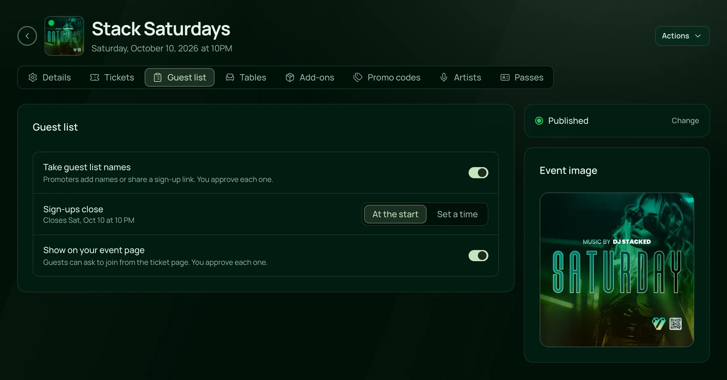 The Guest list tab of Stack Saturdays: guest list names switched on, when sign-ups close, and whether guests can ask to join from the event page.