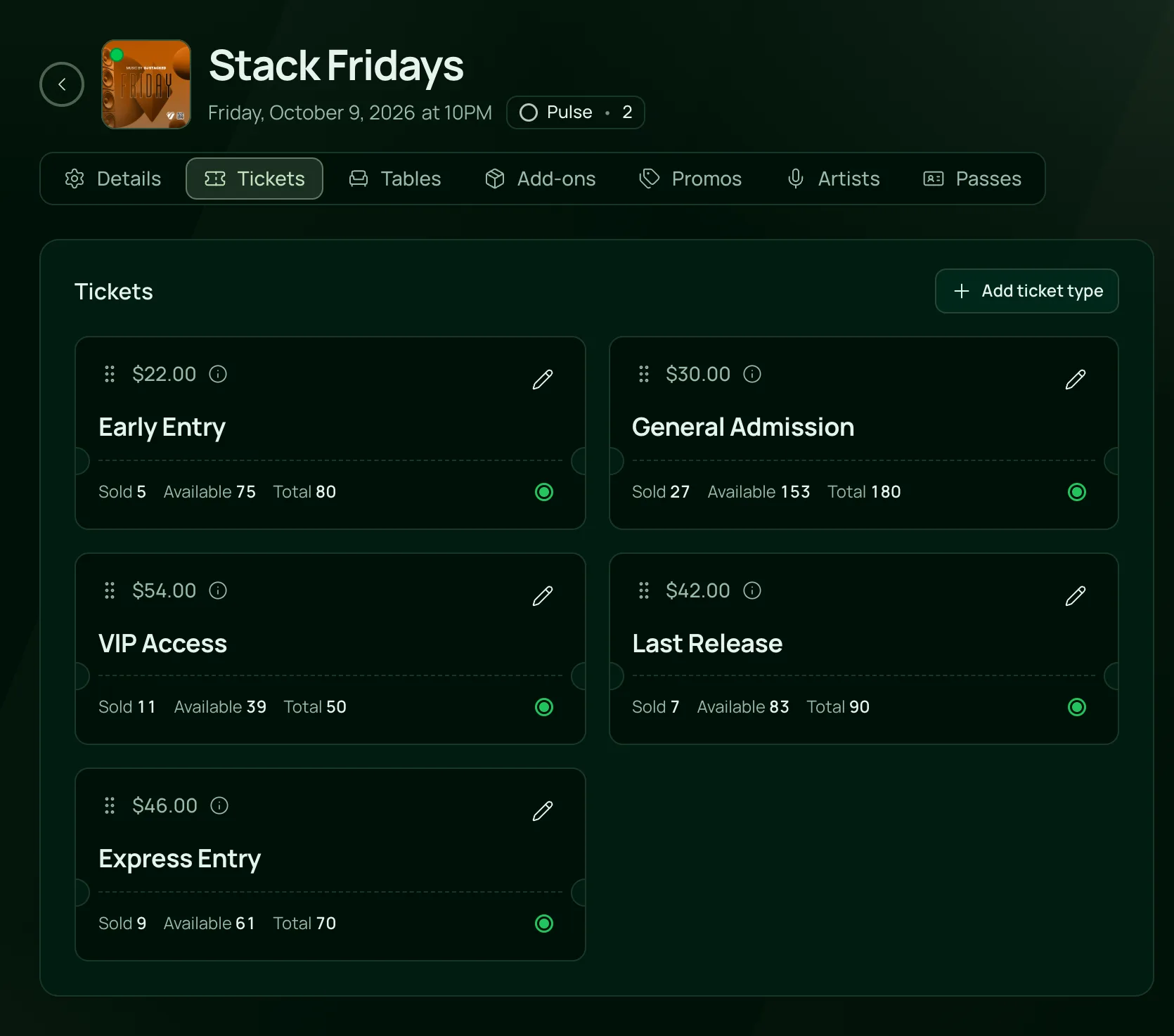 The Tickets tab of Stack Fridays in the VenueStack dashboard: each ticket type with its price and its sold, available and total counts.