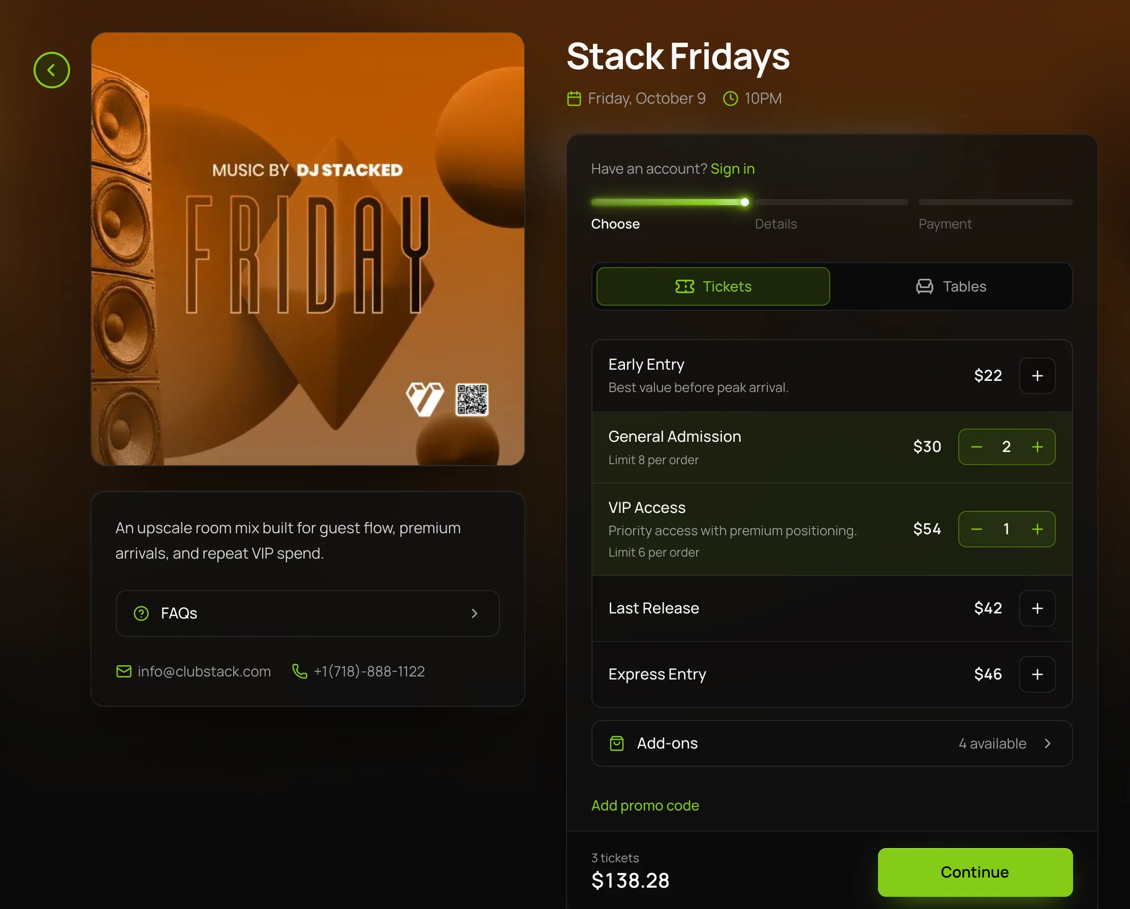 The guest checkout for Stack Fridays on the venue’s booking page: the event, its ticket tiers with prices, and tickets in the basket.