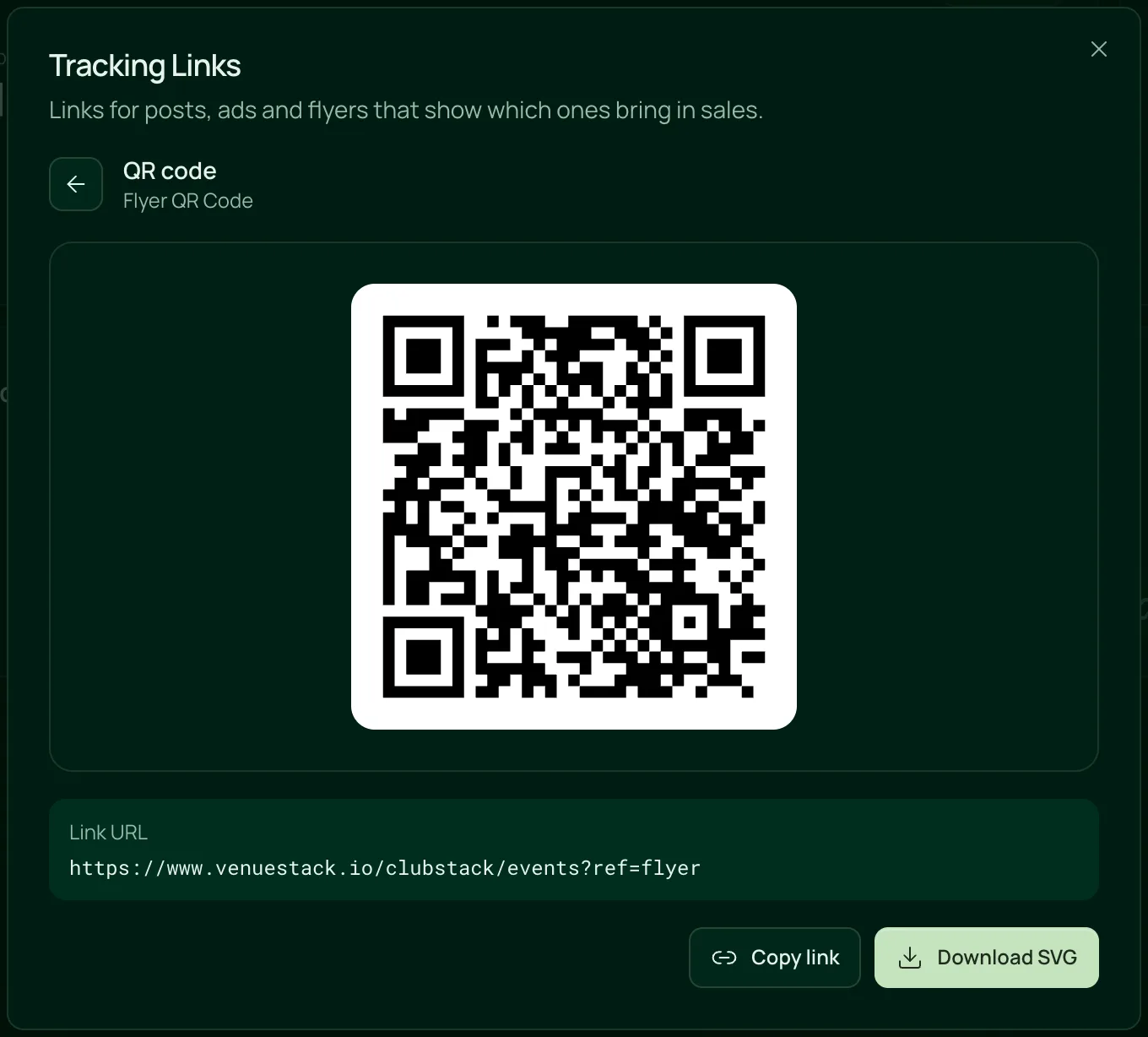 The QR code for the Flyer QR Code tracking link, with its link and buttons to copy it or download the code as an SVG.