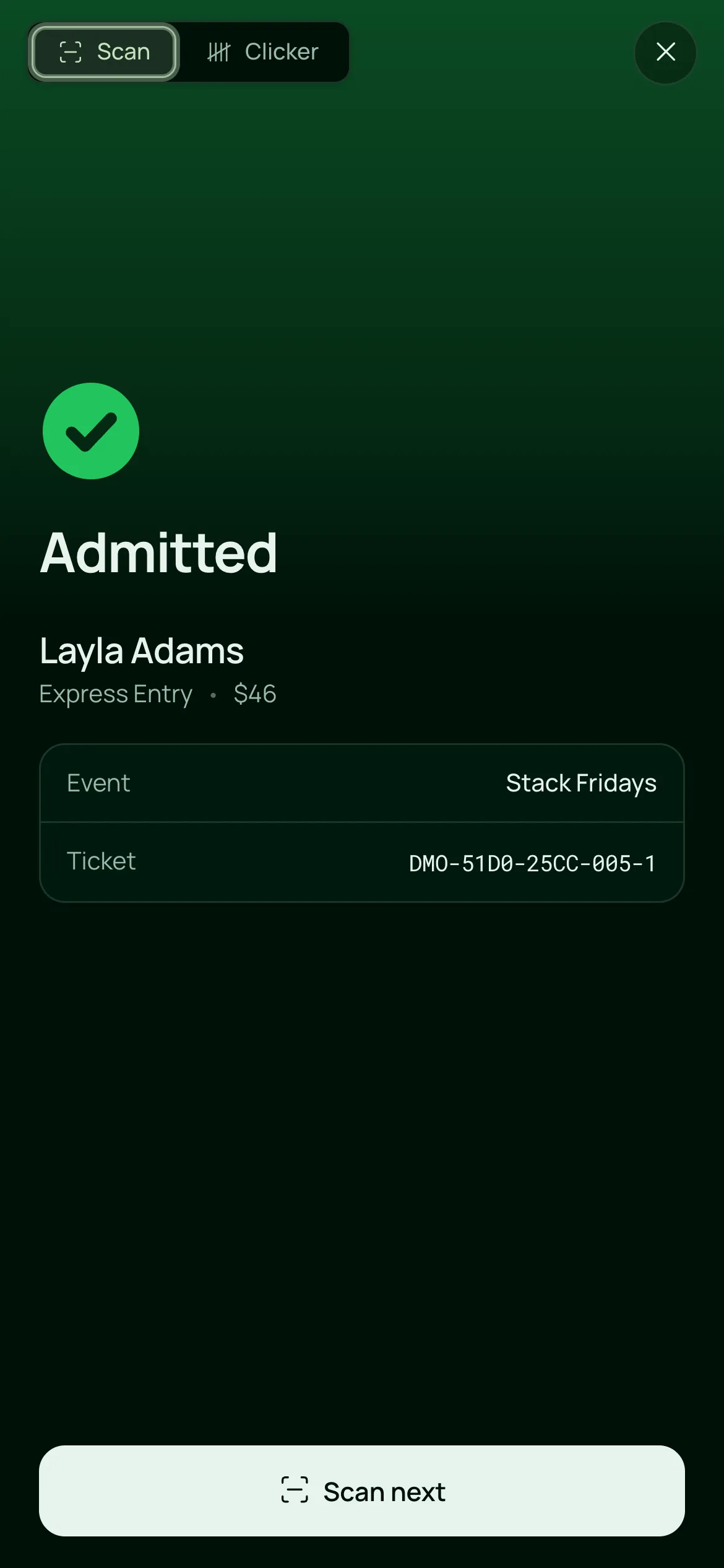 The VenueStack ticket scanner on a phone after scanning a ticket at the door: Admitted, with the guest’s name, the ticket type and Stack Fridays.