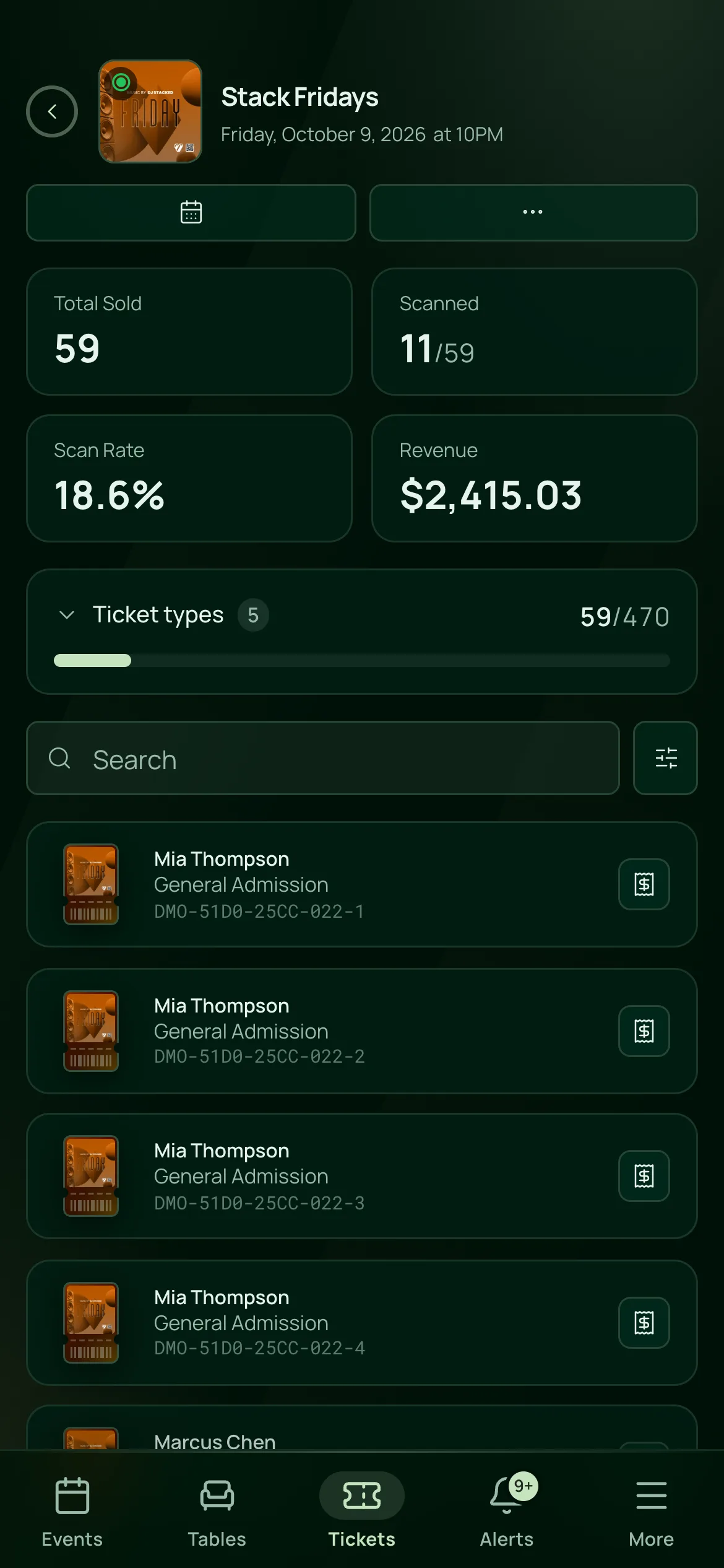 The check-in list for Stack Fridays on a phone: Total Sold, Scanned, Scan Rate and Revenue above the night’s tickets, each with its guest, ticket type and number.