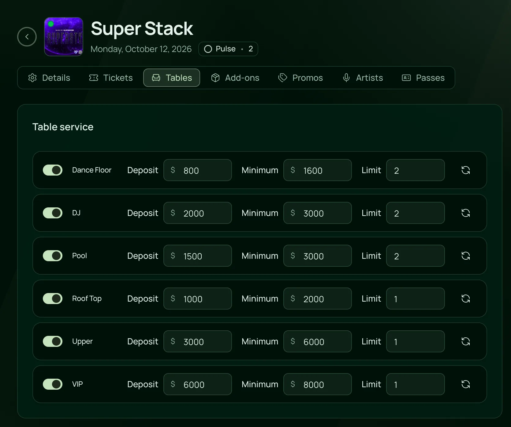 The Tables tab of Super Stack: table service on, with each section’s deposit, minimum spend and booking limit.