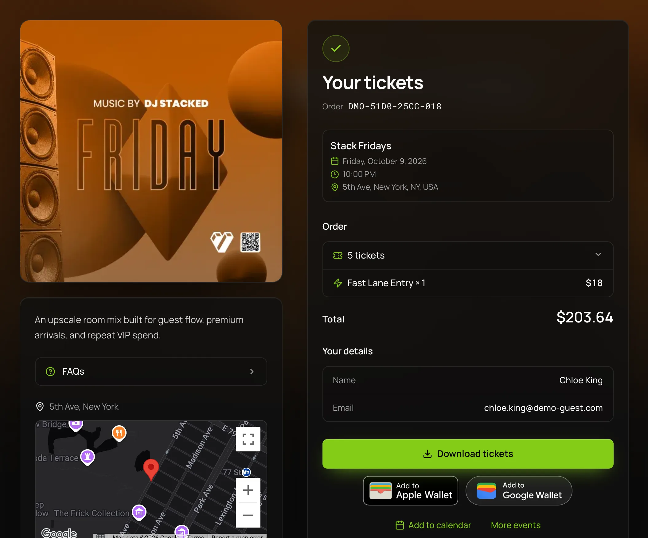 A guest’s ticket confirmation page for Stack Fridays: the order, its total and the guest’s details, with Download tickets and the Add to Apple Wallet and Add to Google Wallet buttons below.