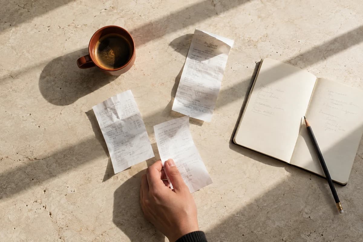 An overhead view of espresso, receipts, and handwritten notes on a pale stone counter in morning sunlight