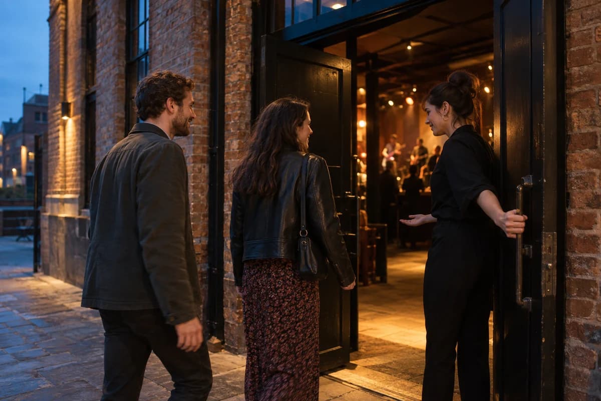 A venue host welcoming two guests through an open brick doorway at dusk