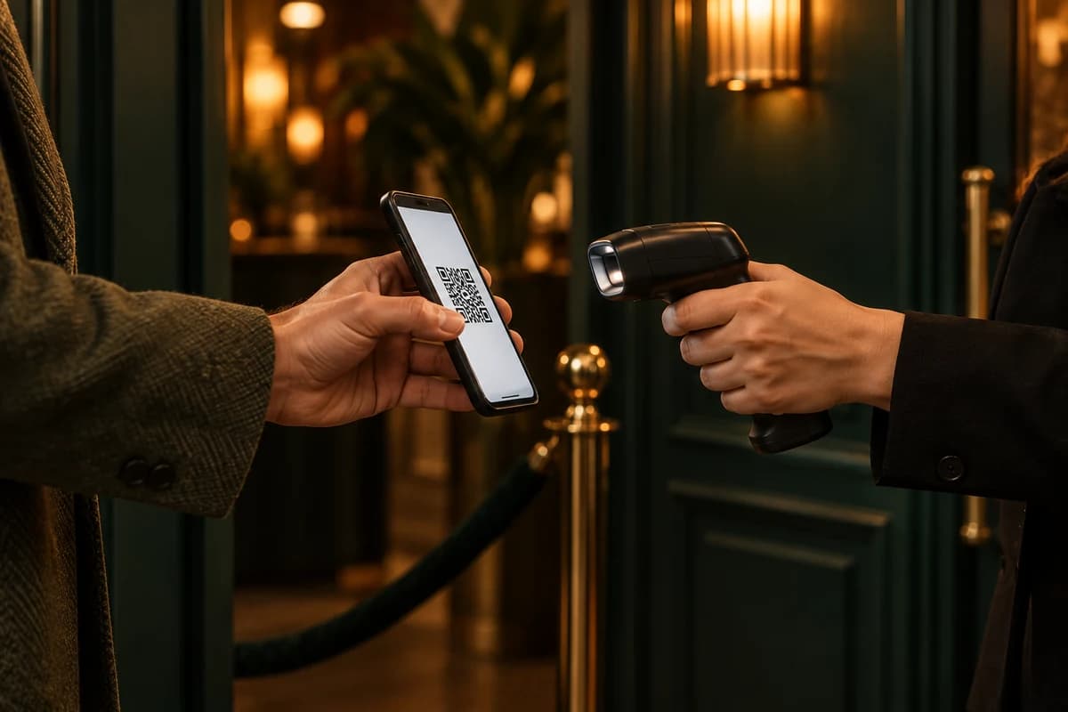 A guest’s phone ticket is scanned at the door