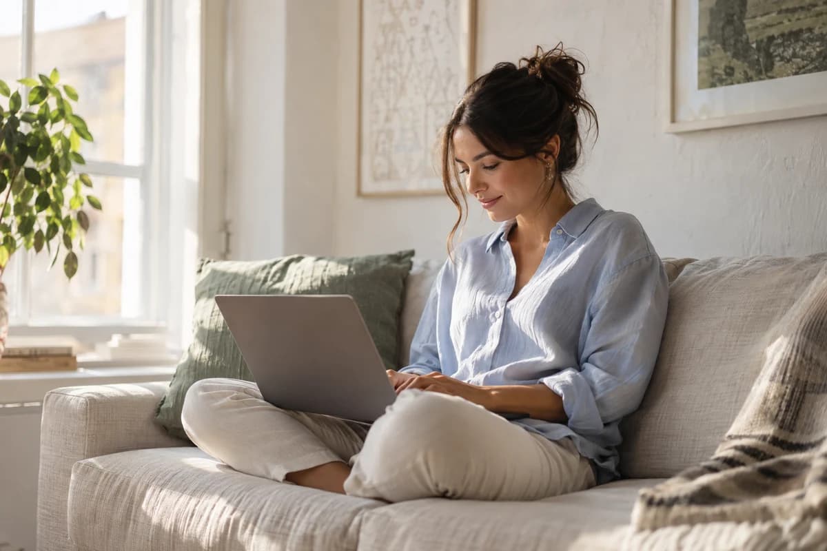 A woman using a laptop on a light sofa at home beside a sunlit window