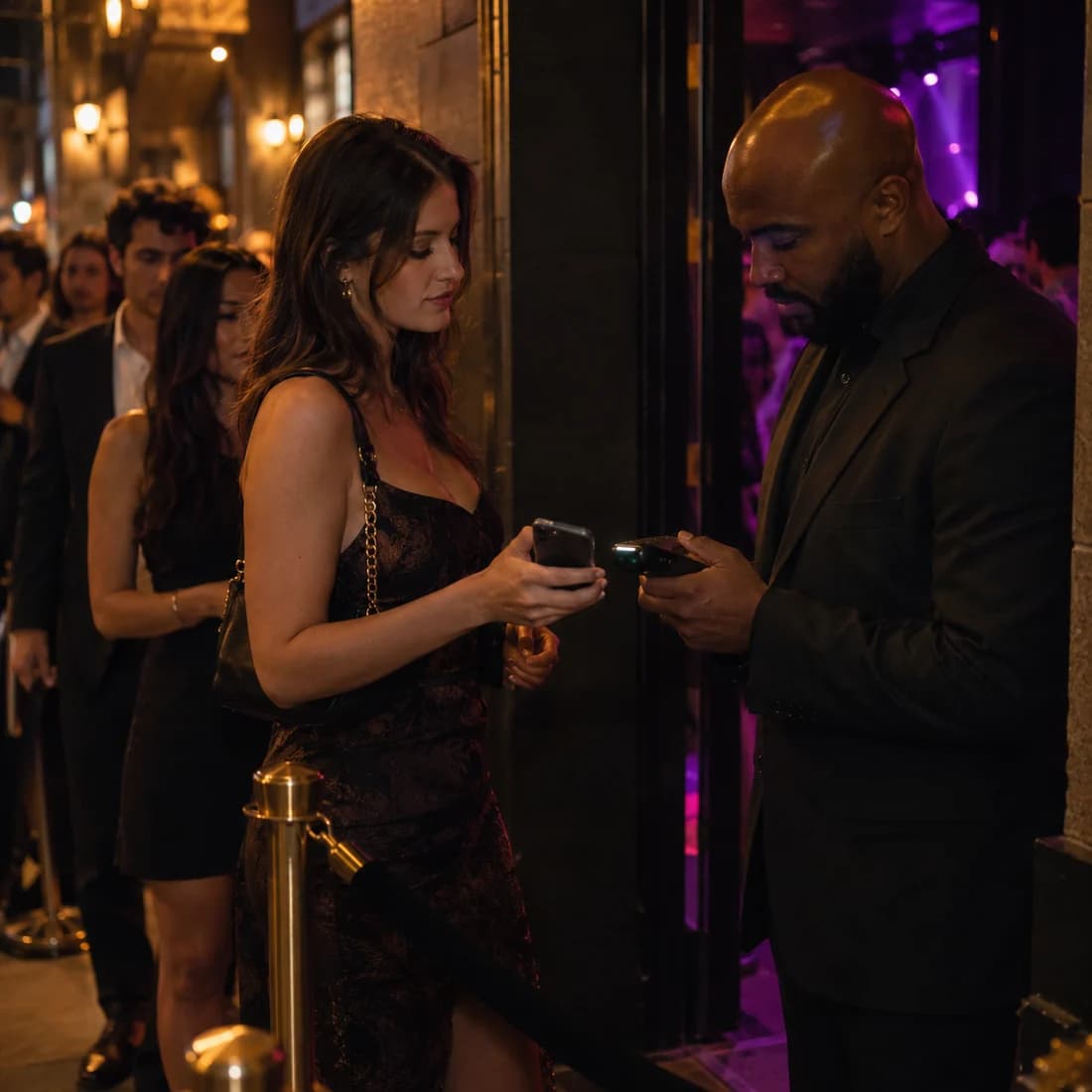 A guest shows her phone ticket to the door staff at the rope while the line waits behind her