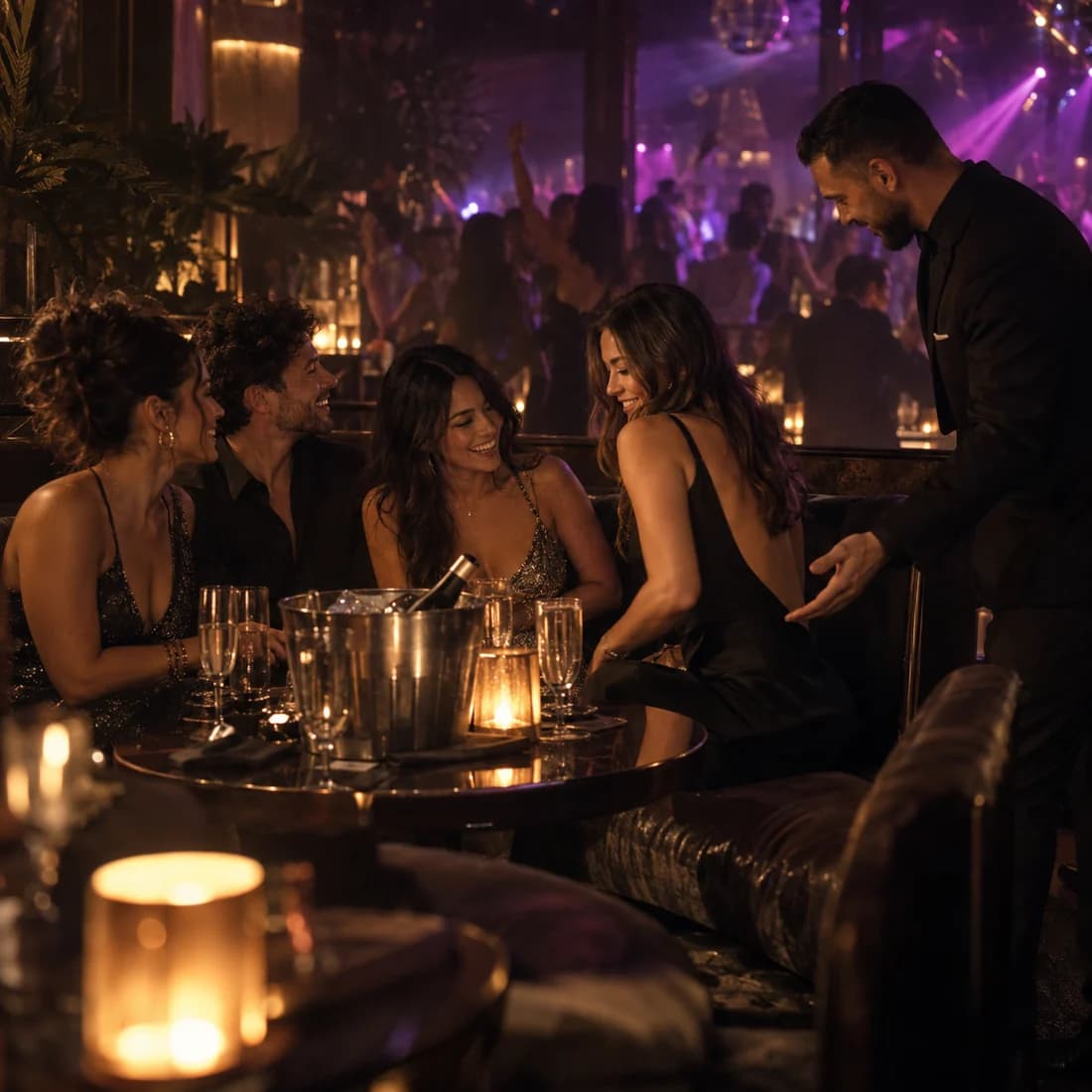 Regulars gather around a table of drinks under the club lights