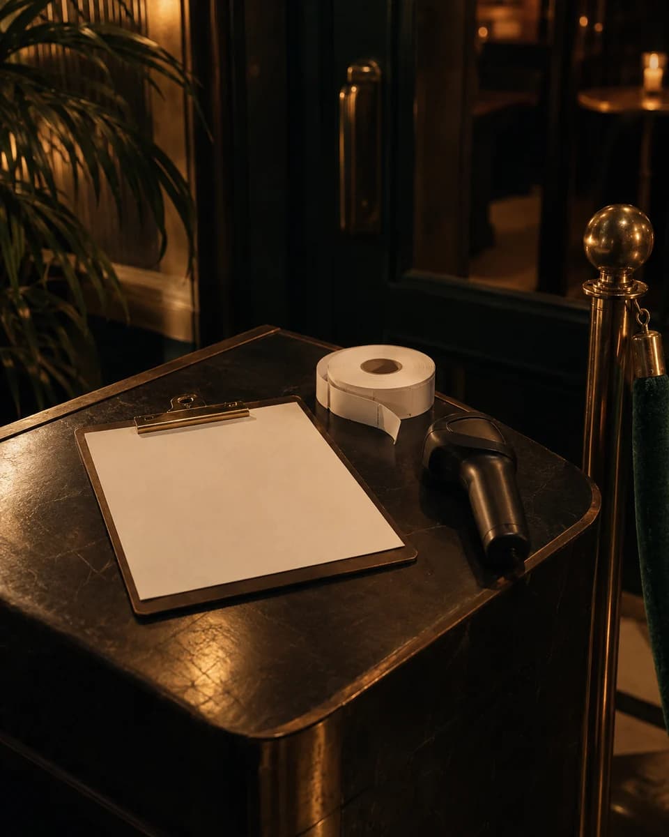 A clipboard and a handheld scanner on the host stand by the rope before doors