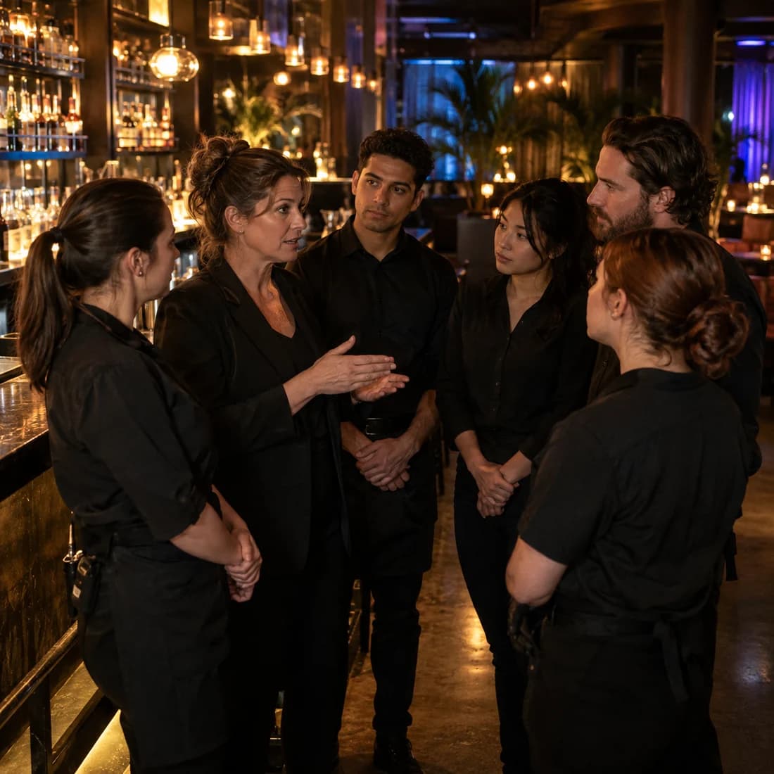 A manager briefs the night’s team at the bar before doors