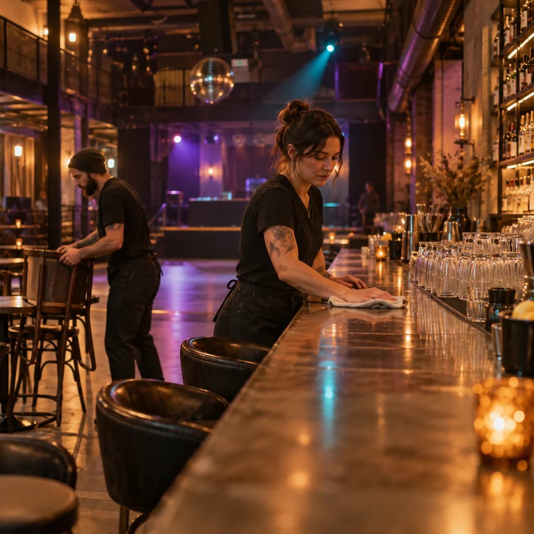 Staff set up the bar and the floor in a quiet club before the doors open