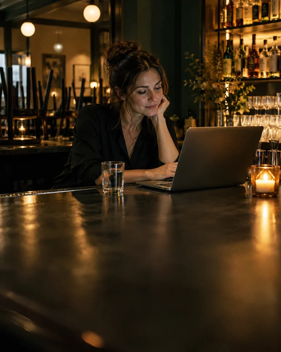 An owner works on a laptop at the bar of an empty, candlelit venue