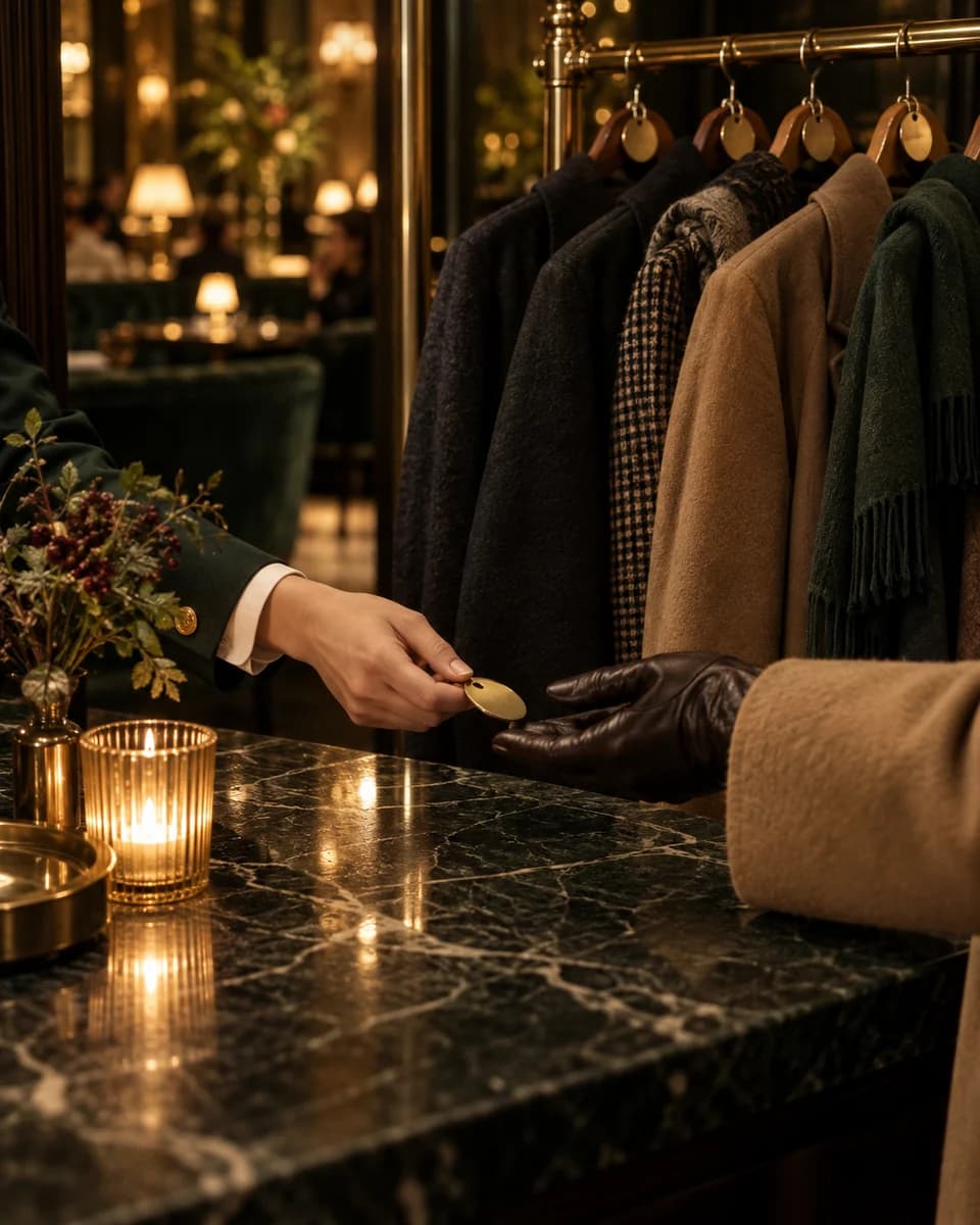 A coat check attendant hands a guest a ticket across a candlelit counter