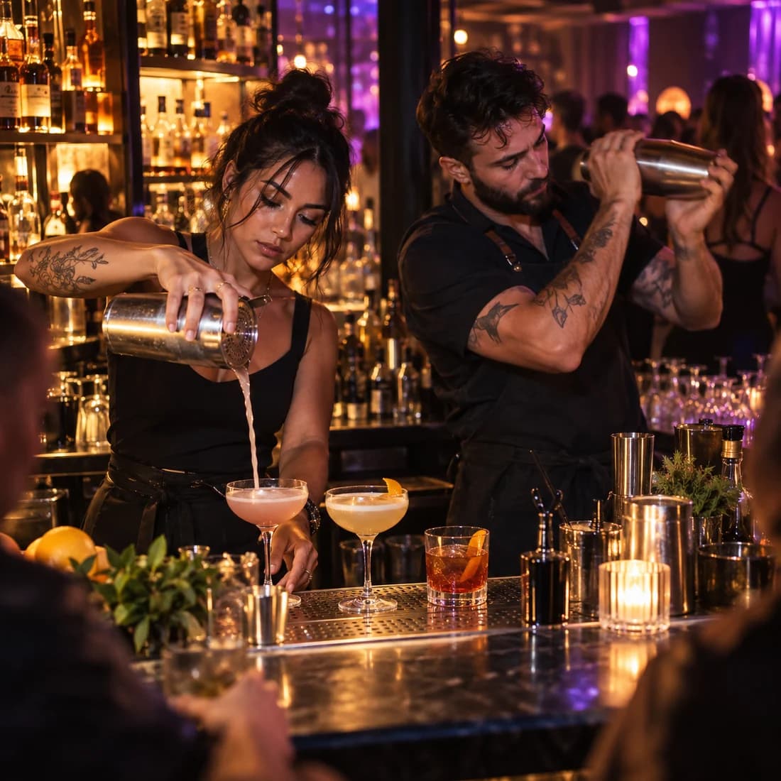 Bartenders pour cocktails at a busy bar