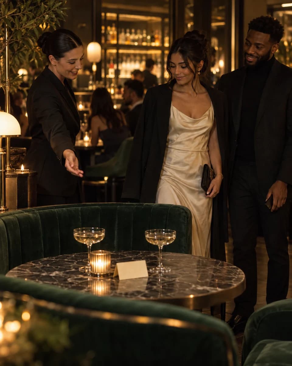 A guest settles at a candlelit lounge table set with coupes