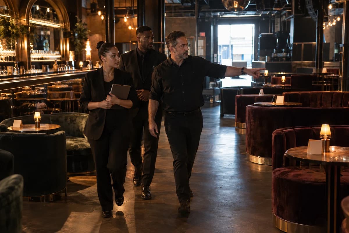 A manager walks the team through the empty room before the first night