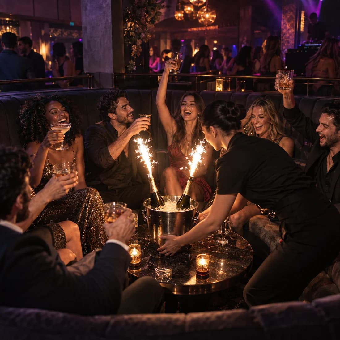 A server sets sparklers into the champagne bucket at a nightclub VIP table while the guests raise their glasses