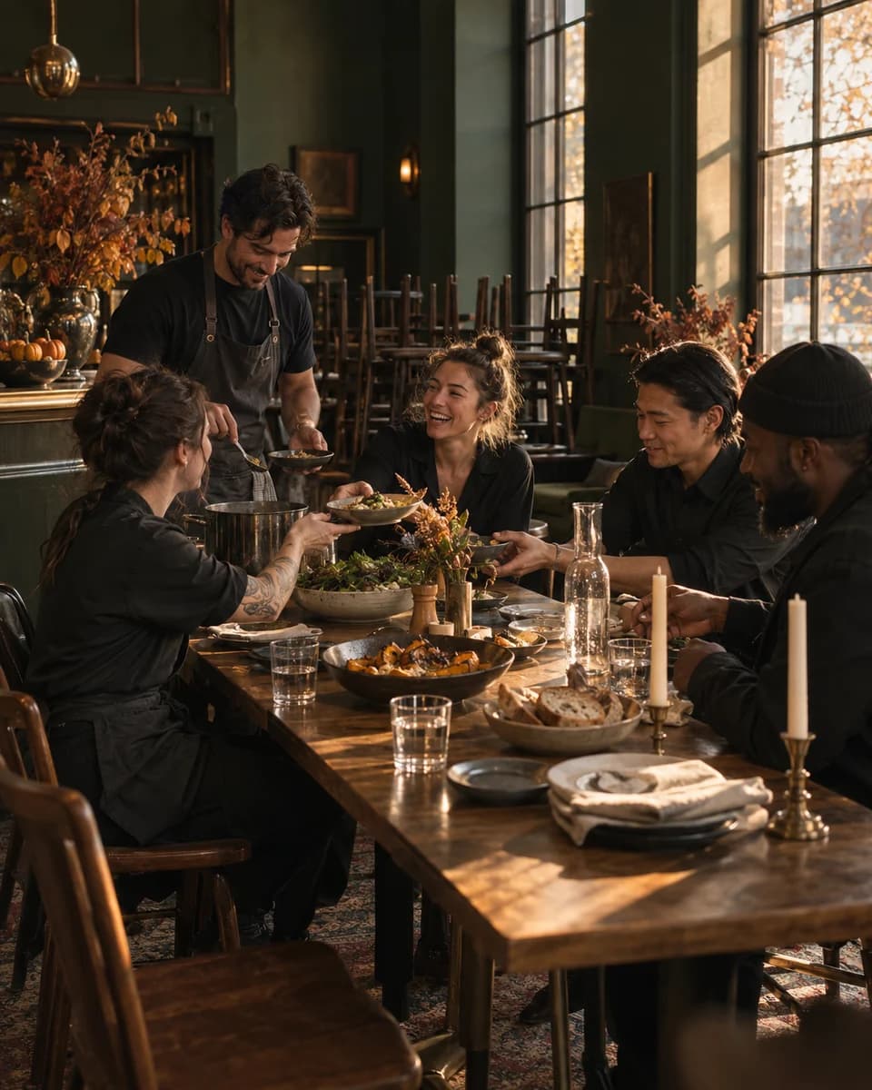 A server chats with smiling guests at a candlelit table