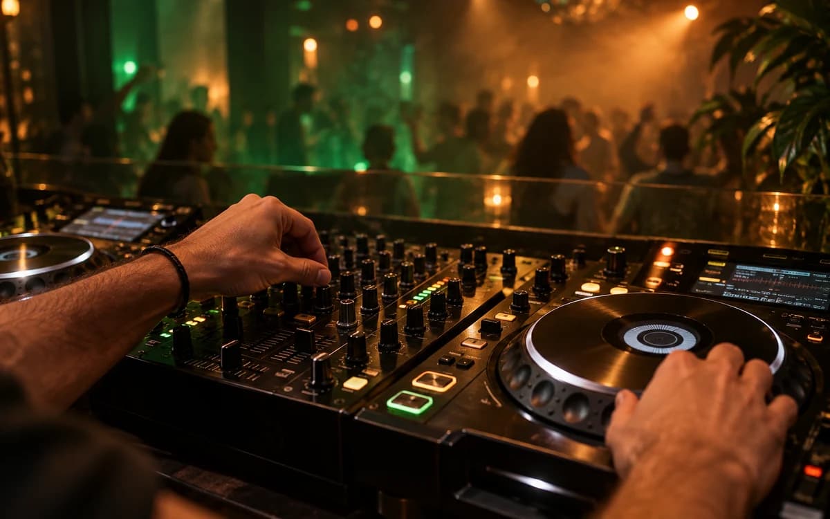 A DJ’s hands on the mixer in a packed club lit green and amber