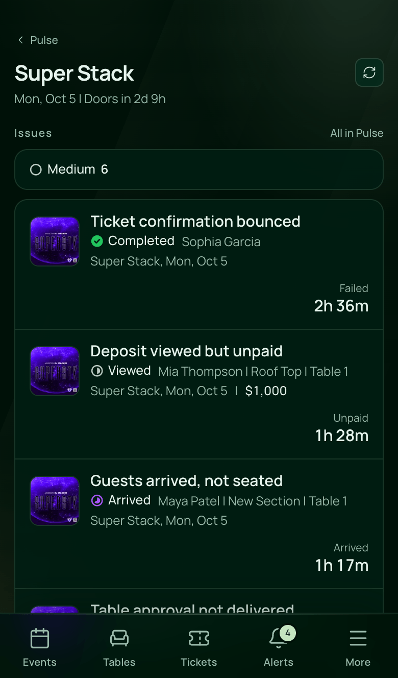 Live view on a phone: issues, attendance, tables, the door and messages for one event