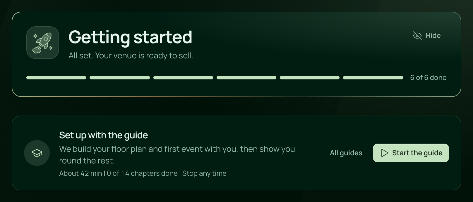 The Getting started page with Set up with the guide under its header: About 42 min, 0 of 14 chapters done, with All guides and Start the guide