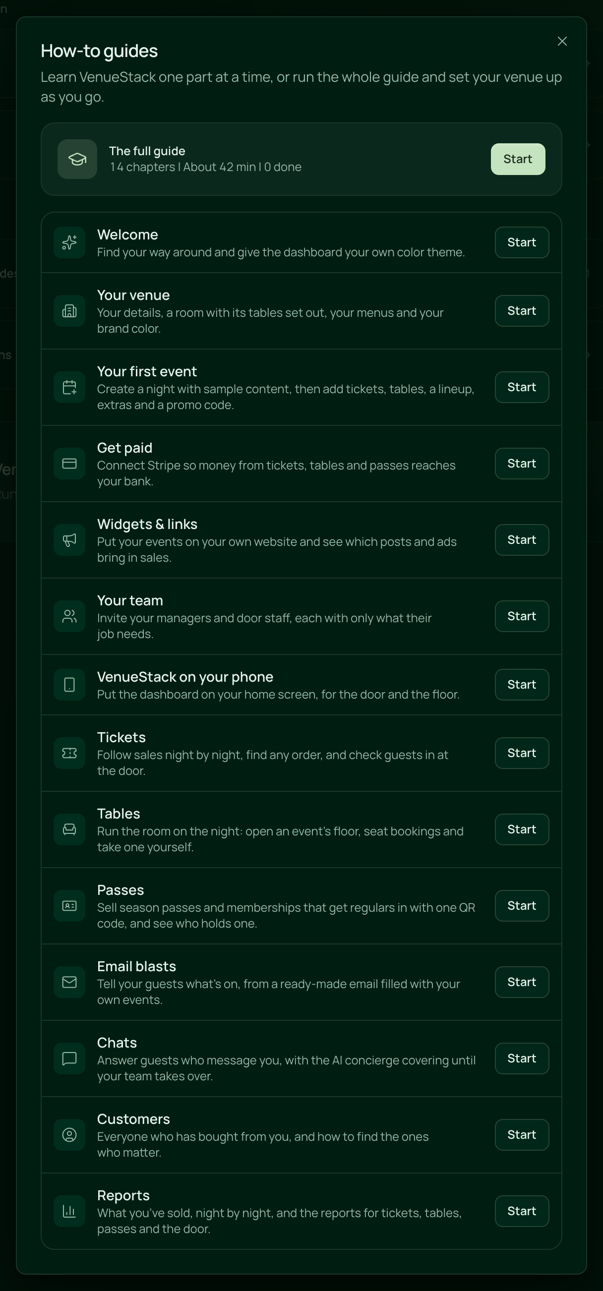 How-to guides open over Settings: The full guide, 14 chapters, about 42 min, with Start, then every chapter from Welcome to Reports, each with a line on what it covers and its own Start button