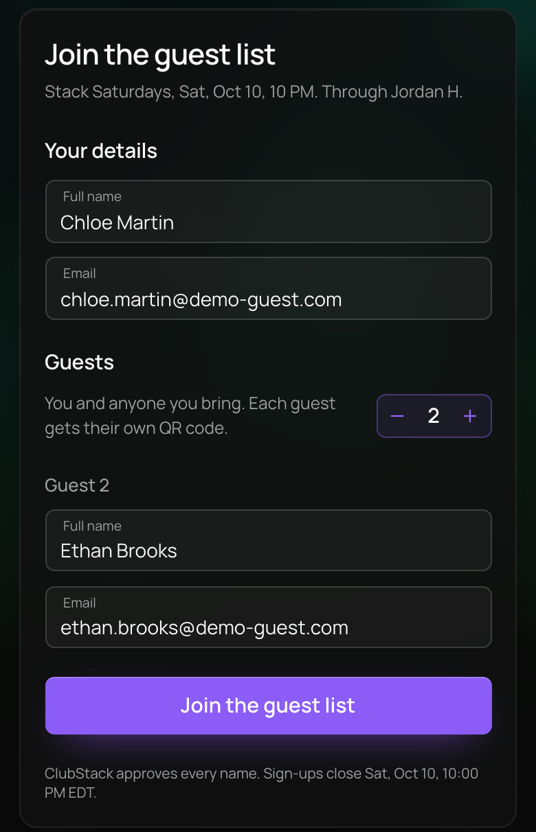The guest list sign-up on a phone: Join the guest list for Stack Saturdays through Jordan H., Your details filled in, Guests set to 2 with Guest 2's name and email, and the Join the guest list button