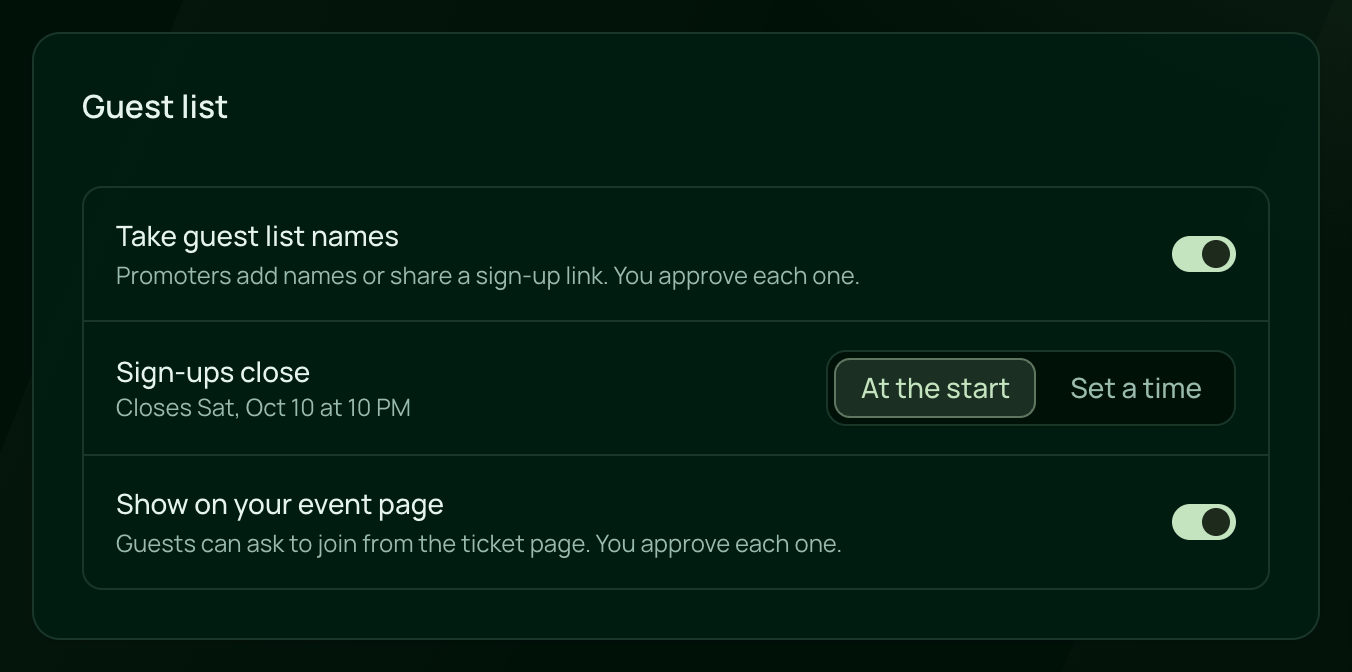 The event's Guest list tab: Take guest list names on, Sign-ups close with At the start and Set a time, and Show on your event page on