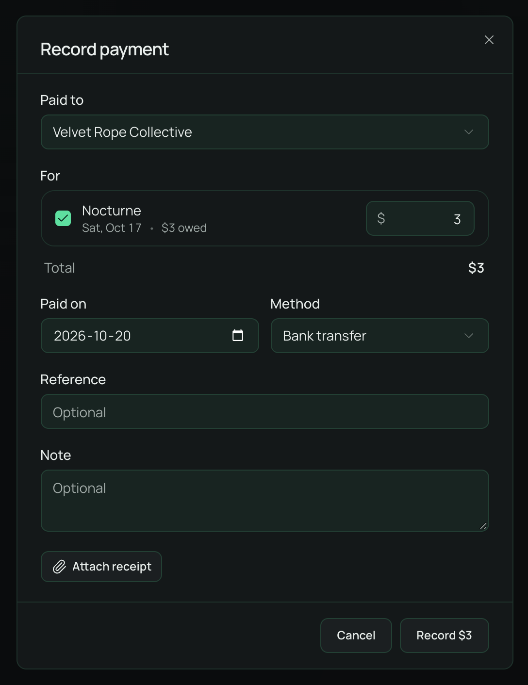 The Record payment window: Paid to Velvet Rope Collective, the night it covers with the amount owed, the total, Paid on, Method, Reference, Note and Attach receipt