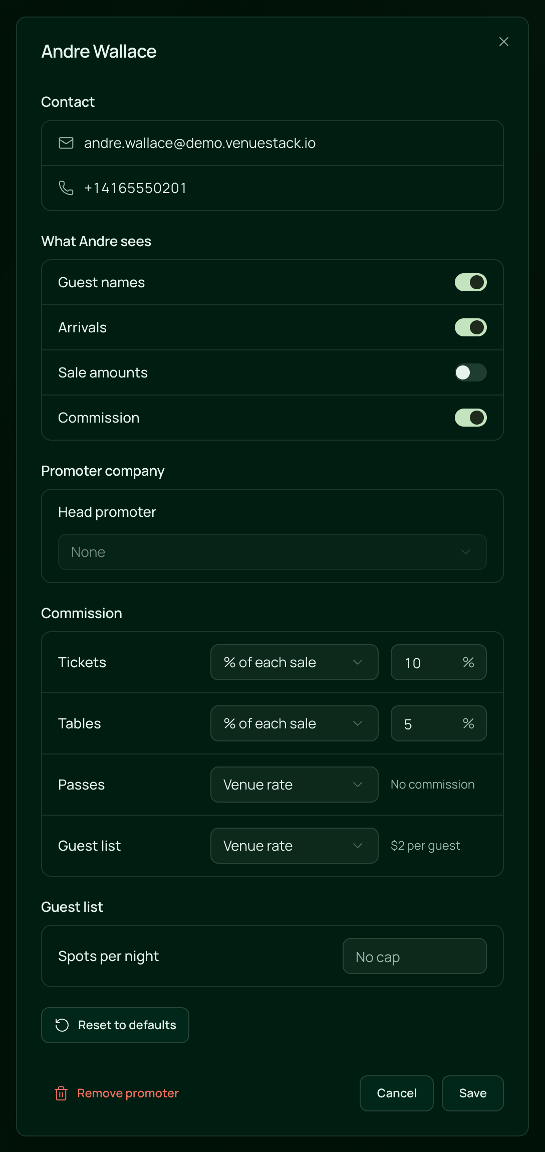 Andre Wallace's settings: Contact, What Andre sees with four switches, Head promoter set to None, his own percentages for tickets and tables and Venue rate for passes and the guest list, Spots per night, Reset to defaults, and Remove promoter beside Cancel and Save