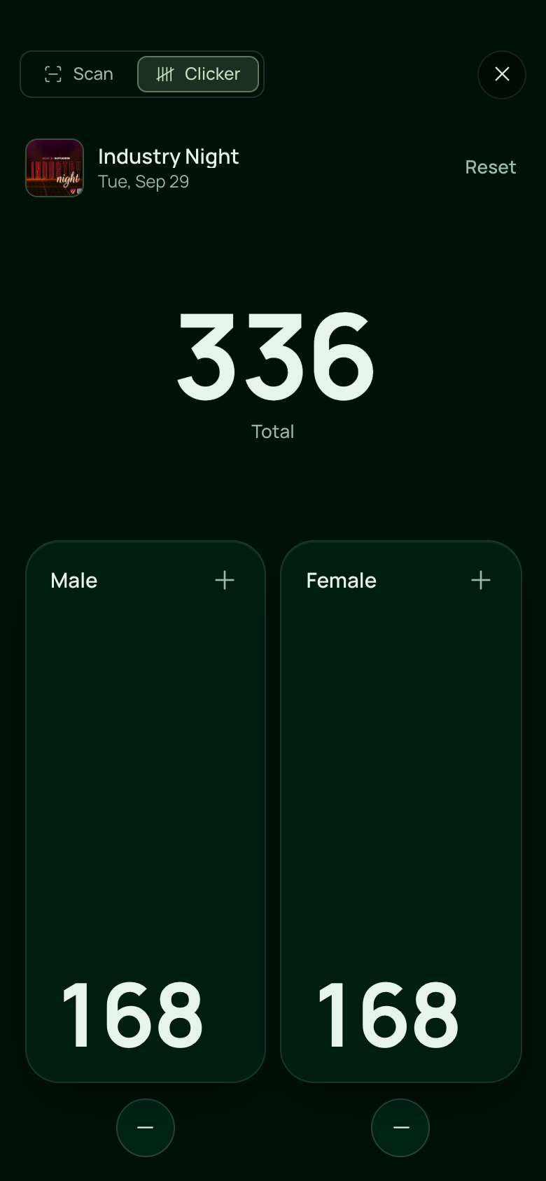 The Clicker on a phone for Industry Night, with the event's image beside its name, 336 in total, and Male 168 and Female 168 on two large pads